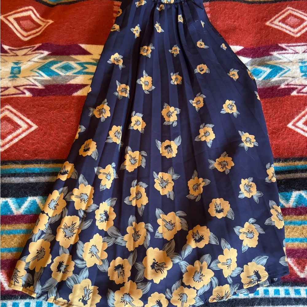 Blue and Gold Pleated Maxi Skirt for Casual Resort Wear